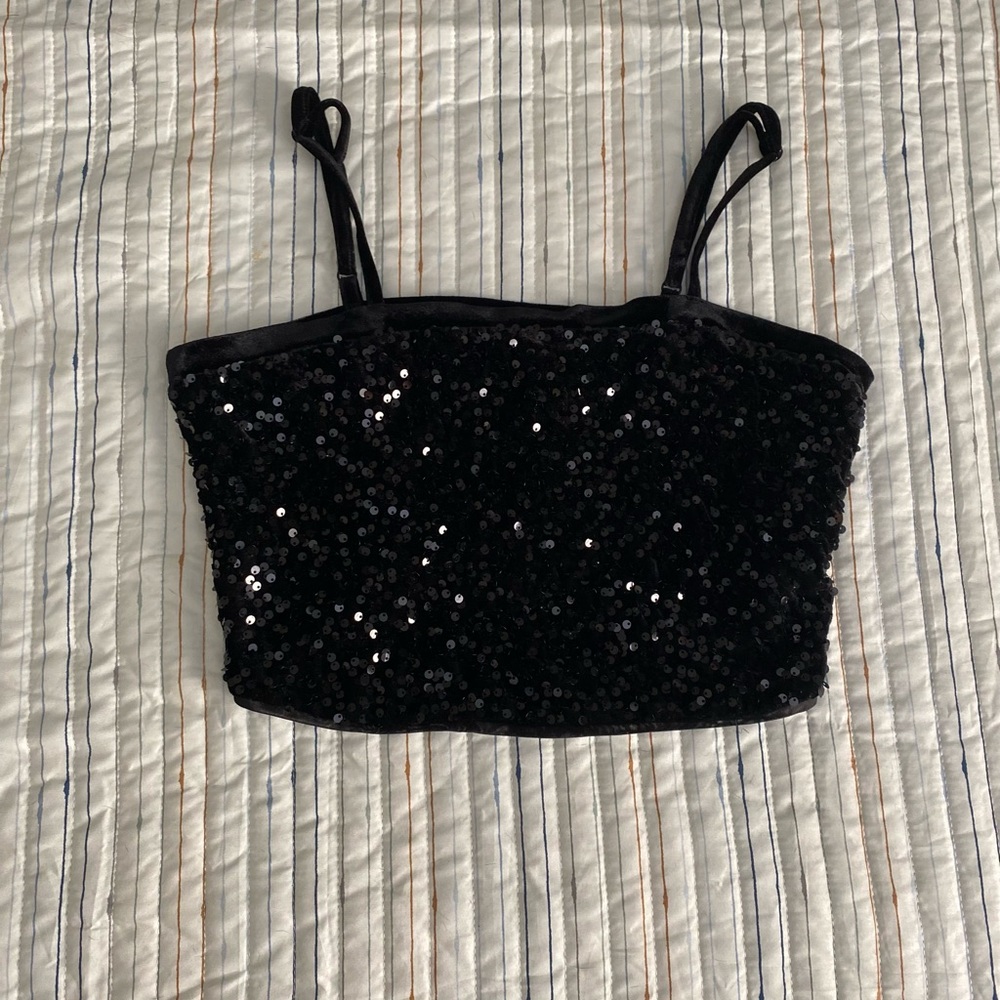 Allegra K Black Sequin Crop Camisole